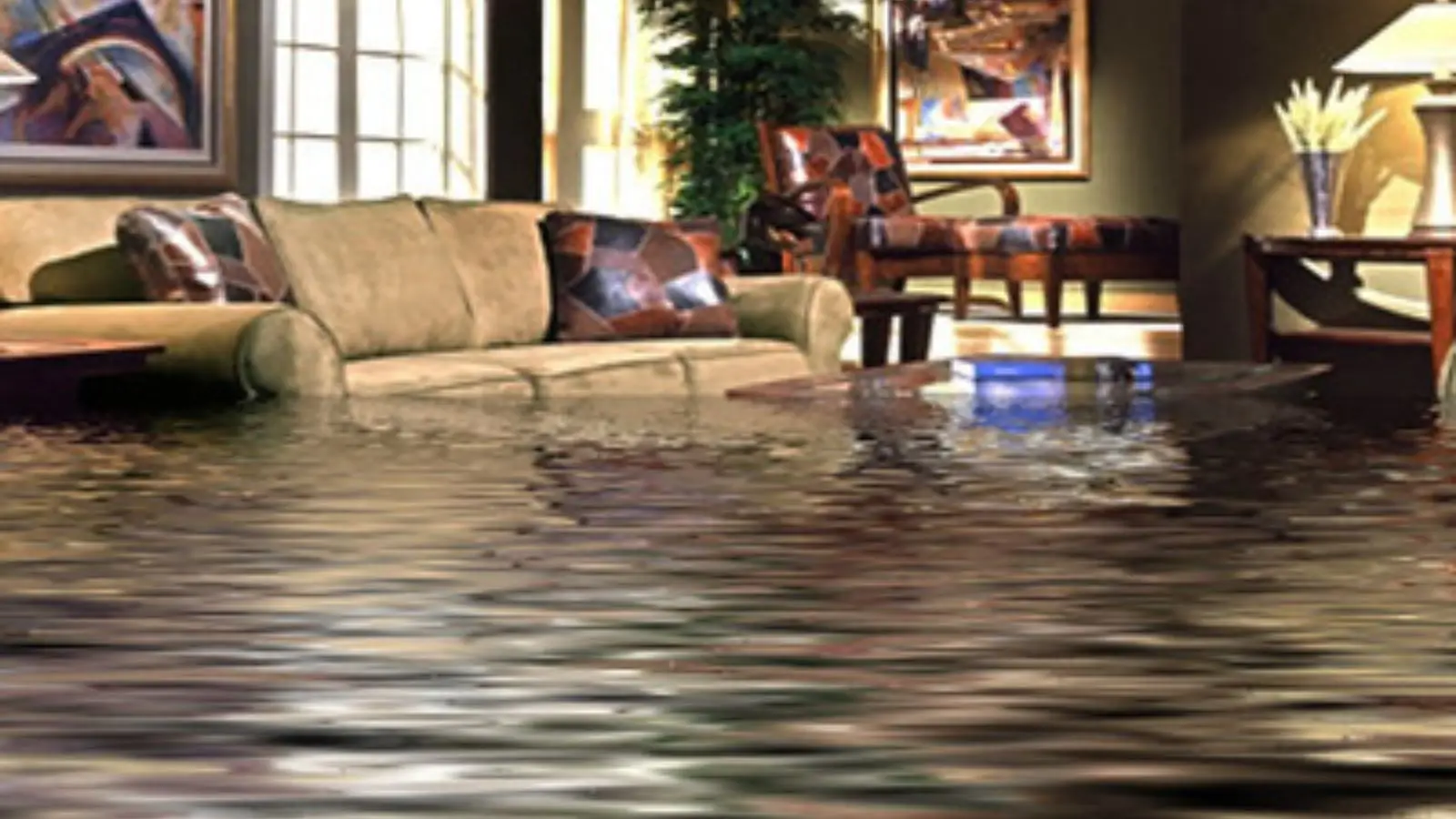 Wet wood subfloor with standing water and pooled stains