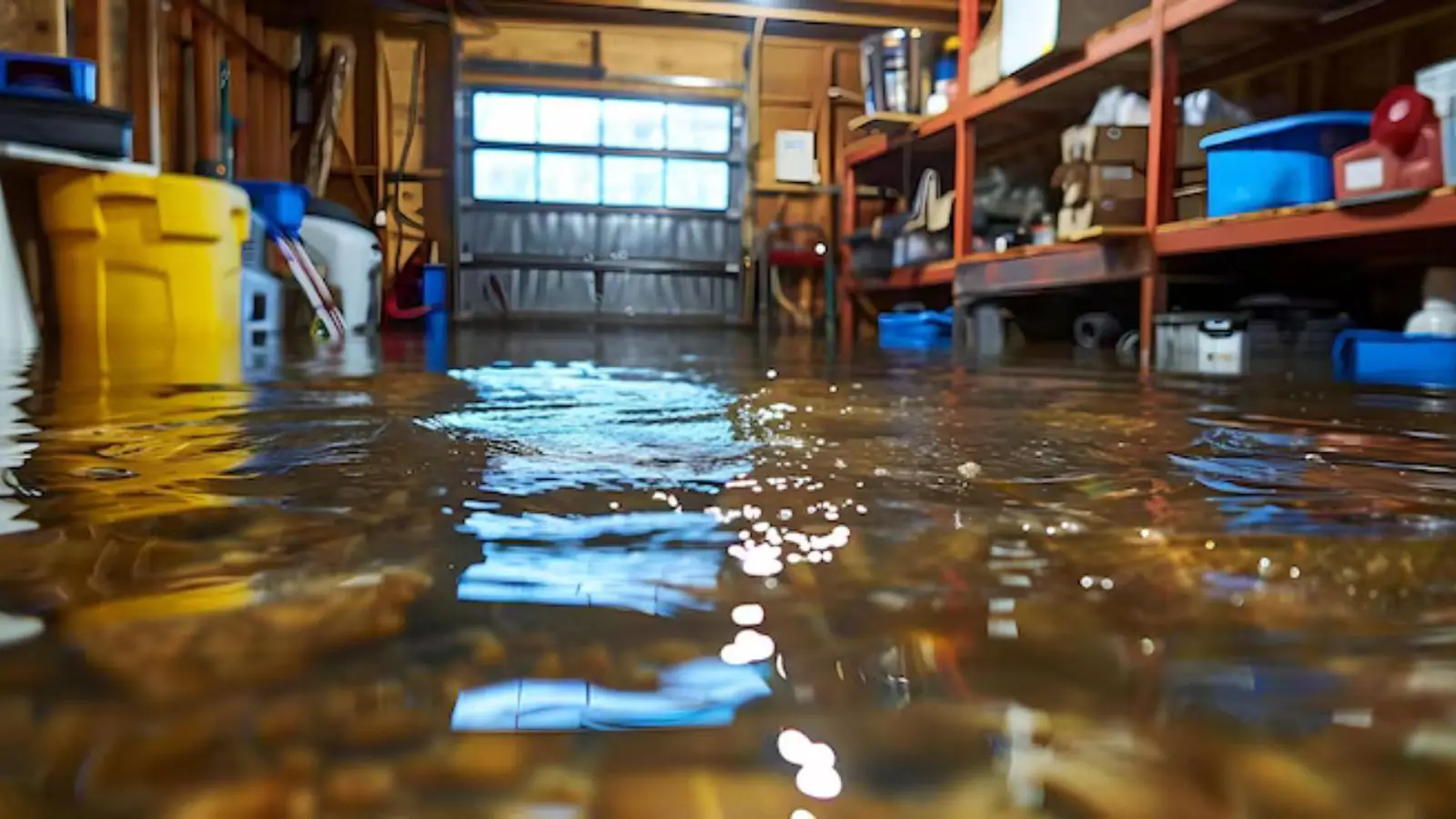 Flooded garage with shelving, bins and standing water