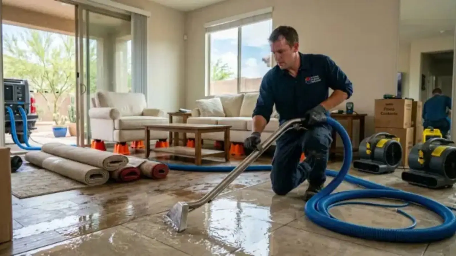 Technician extracting standing water in a living room with air movers running
