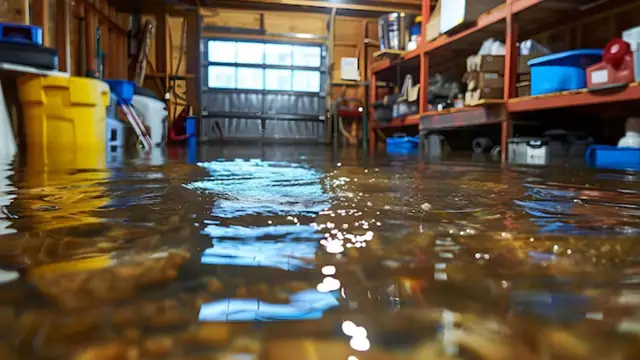 Flooded garage with shelving, bins and standing water