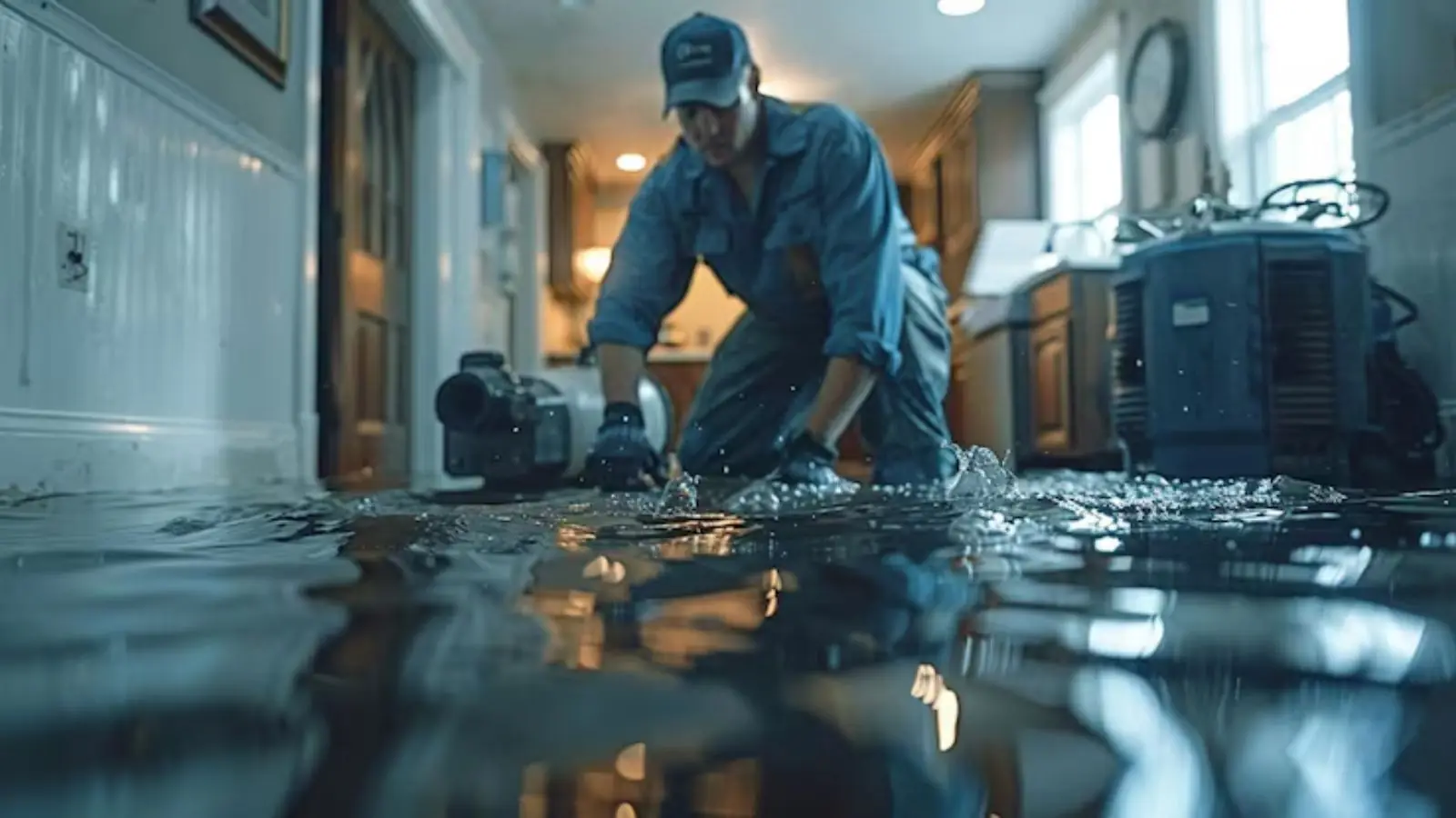 Technician kneeling in standing water with a pump in a flooded home